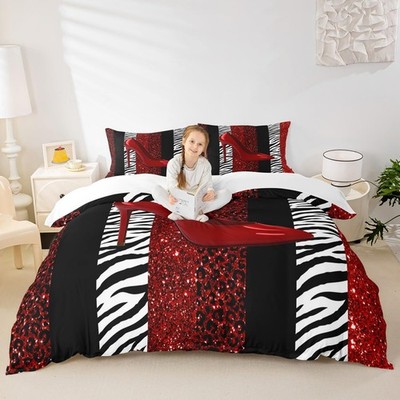 High-Heeled Shoes Kids Duvet Cover Set Queen Size,Glitter Leopard Zebra Anima...