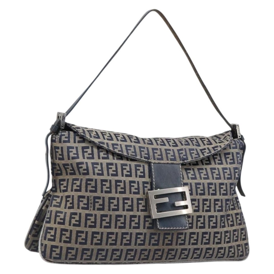 FENDI Zucchino Canvas Mamma Baguette Shoulder Bag Navy Silver Auth 203602