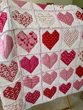 New Throw Size Rag Quilt Handmade Pinks White Hearts Cotton XL