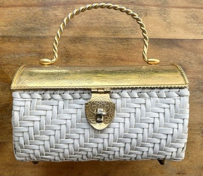 Vintage Marcus Brothers White Gold Wicker Style Vinyl Top Handle Purse