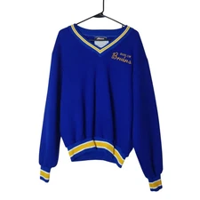 Vtg Ripon Varsity V Neck Derby Sweater High School Preppy Blue Gold Medium