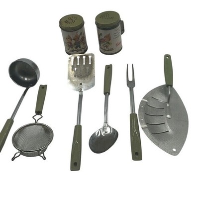 Vintage Chromium Plated Ekco USA Kitchen Utensil Lot Avocado Green Campbells S&P