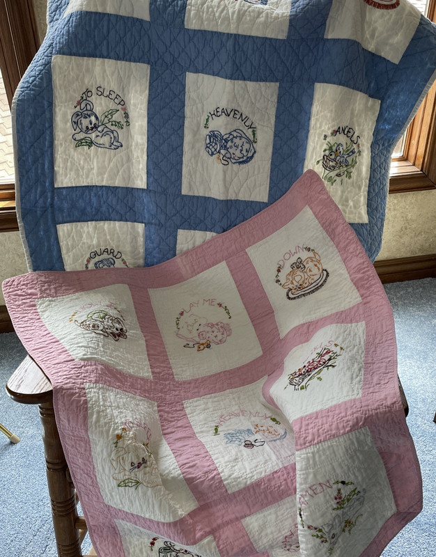 2 Vintage Hand Embroidered Now I Lay Me Down to Sleep Baby Quilts ~ pink & blue