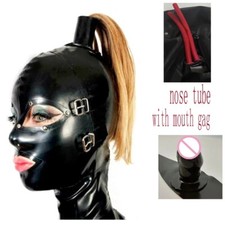 Latex Hood Rubber Mask with Ponytail Nose Tube Removable Eyes Mouth Back Zip