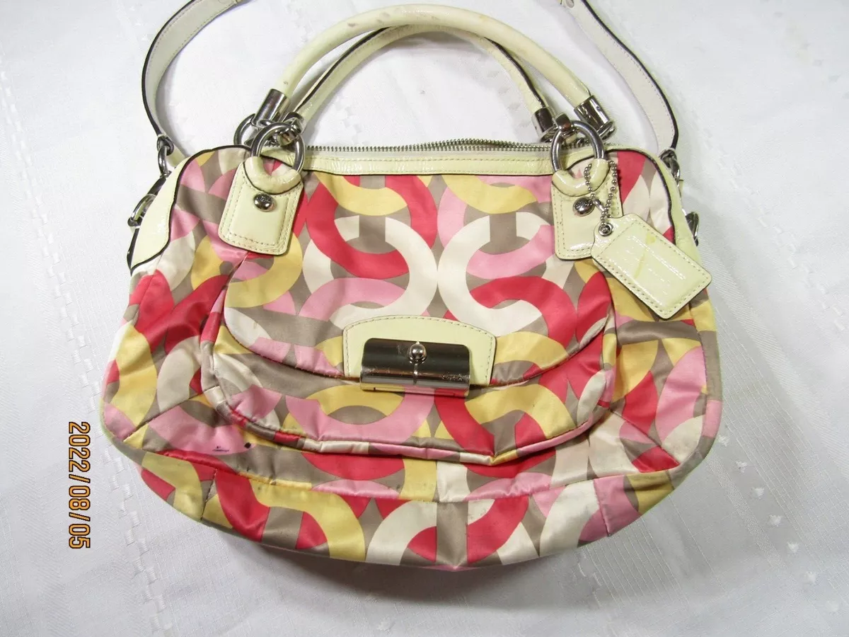Coach Bag Purse Handbag Pink Yellow Logo 6 Pockets F8