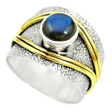 Blue Labradorite 925 Sterling Silver Two Tone Band Ring - Size 7.5