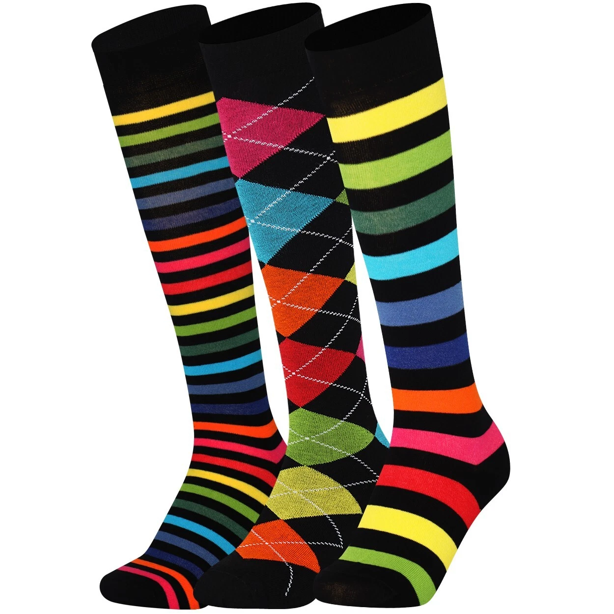 Mysocks 3 Pairs Knee High Socks Argyle Stripe Dark Rainbow Combination