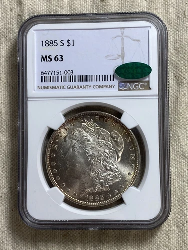 1885-S $1 Morgan Silver Dollar NGC MS63 CAC Approved Better Date Lightly Toned