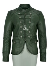 SCARLET Ladies Leather Jacket Green Studded Military Style Real Leather Jacket