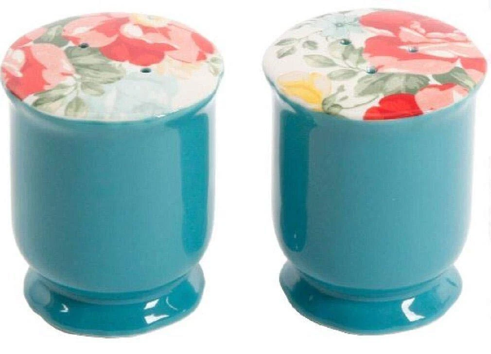 Pioneer Woman Salt and Pepper Shaker Set Farmhouse Floral White Teal