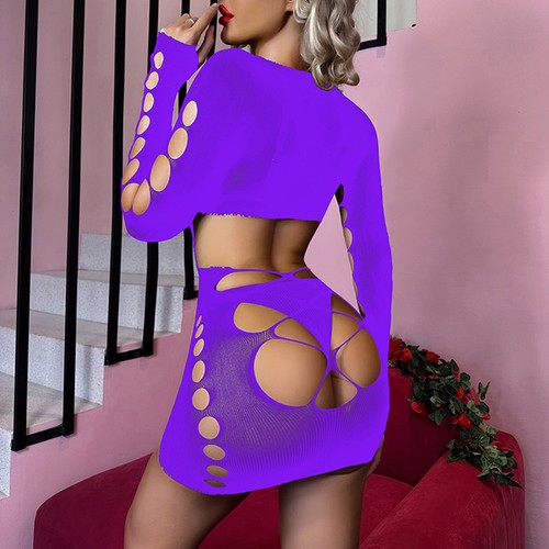 Womens Sheer Fishnet Hollow Out Long Sleeve Bodycon Lingerie Dress Mini Dress - Picture 37 of 72