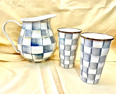 Mackenzie Childs Sterling Check Pitcher+ 2 Tumblers (20oz.), New