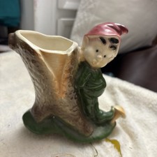 Vintage 1950s Christmas ELF PIXIE on Tree Trunk Planter Ceramic  Japan