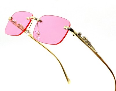 Men Sunglasses Square Pink Lens Rimless Designer Gold Frame Hip Hop Eye  Glasses