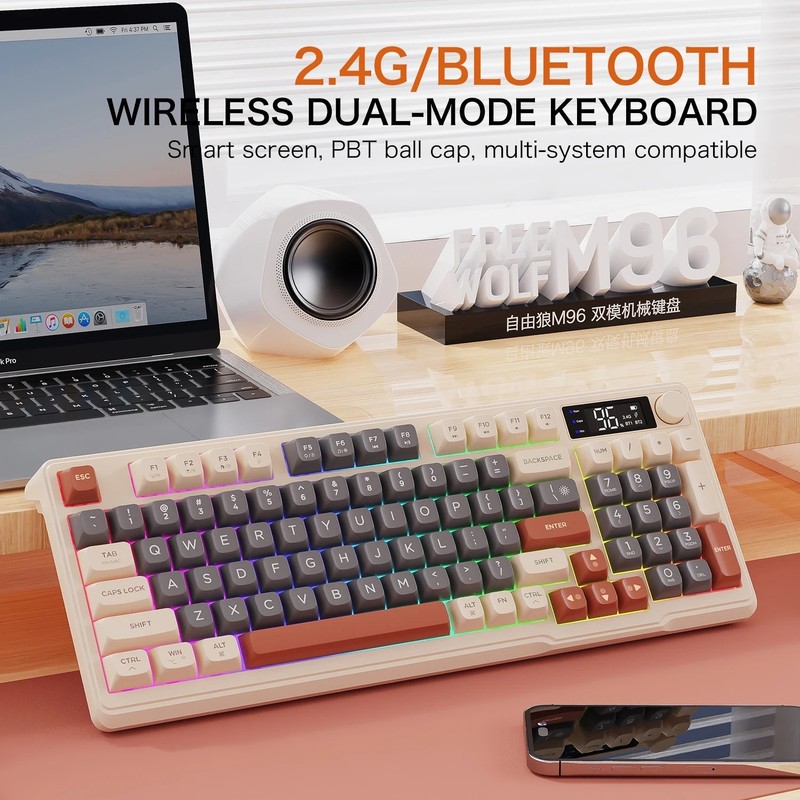 FREEWOLF M96 Wireless Dual Mode Keyboard Smart Screen PBT Keycaps FREE DELIVERY