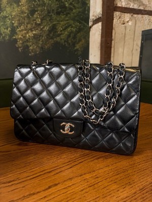 Chanel Black Lambkin Single Flap Jumbo With Silver Hardware | eBay