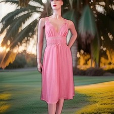 Vintage Strawberry Shortcake Pink Chiffon Crystal Pleats L Lingerie Nightgown M