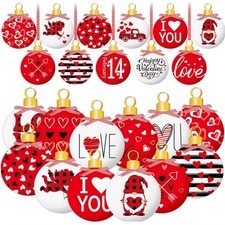16Pcs Valentine's Day Wood Ornaments, Red  White Heart Tree Hanging Decor Set