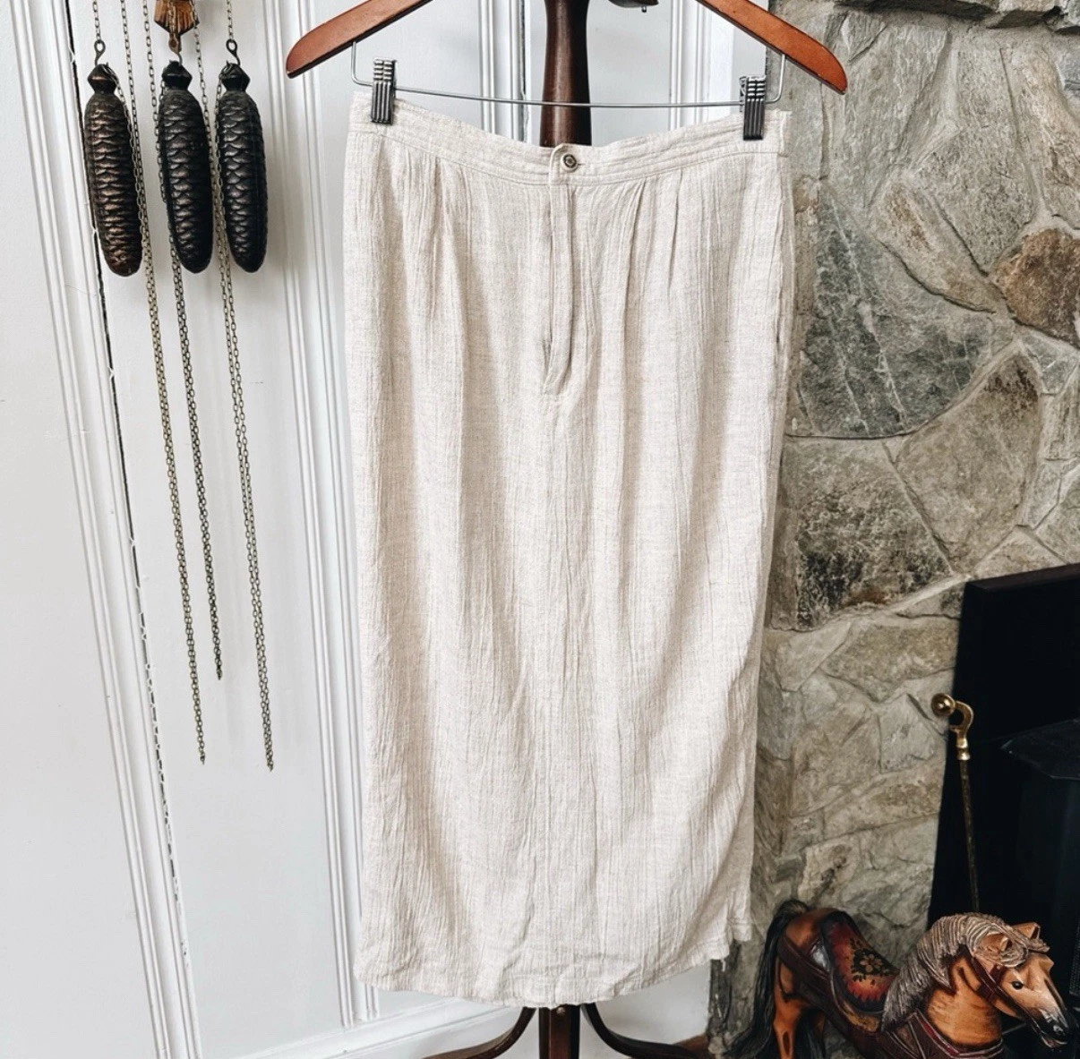 Vintage Linen Blend Textured Woven Midi Minimalist Skirt Medium
