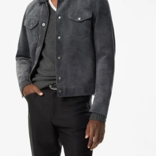 Mens Gray Pure Suede Trucker jacket Solid Casual Custom S M L XL 2XL 3XL 4XL - Image 2 of 3