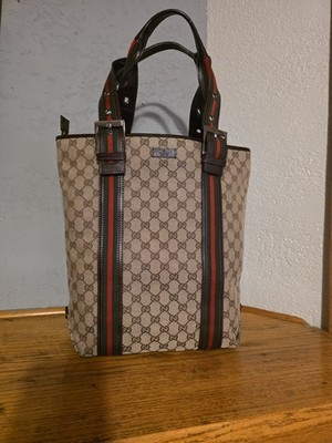 Gucci GG Pattern Tote Bag Web Stripe Buckle Accents Brown Green Red