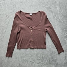 O'Neill Top L Long Sleeve Ribbed Knit Button Front Scoop Neck Cardigan Stretch