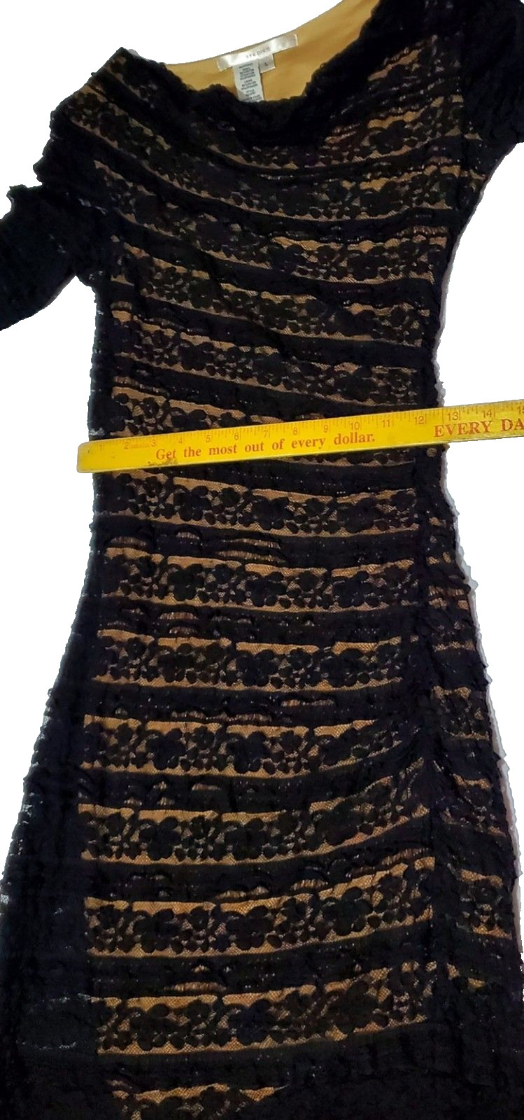 Studio M Black Lace Bodycon Dress – Nude Lining, Asymmetrical Scoop Neck, Size L