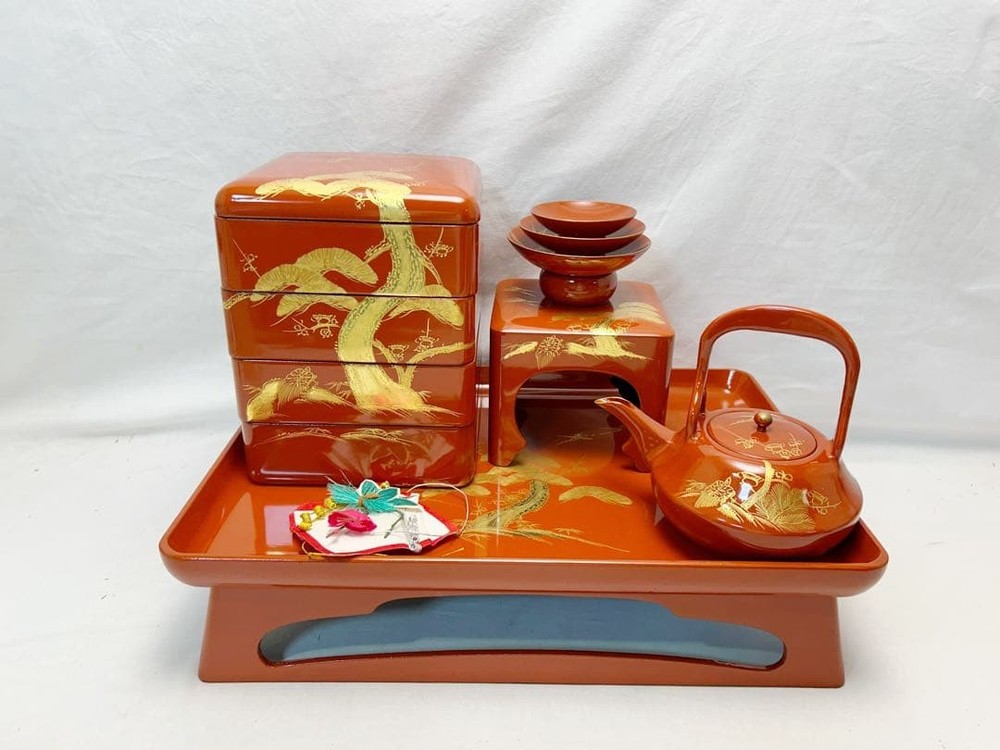 Jubako Bento Box Japanese Almost unused utensils Wooden vermilion lacquer Set of