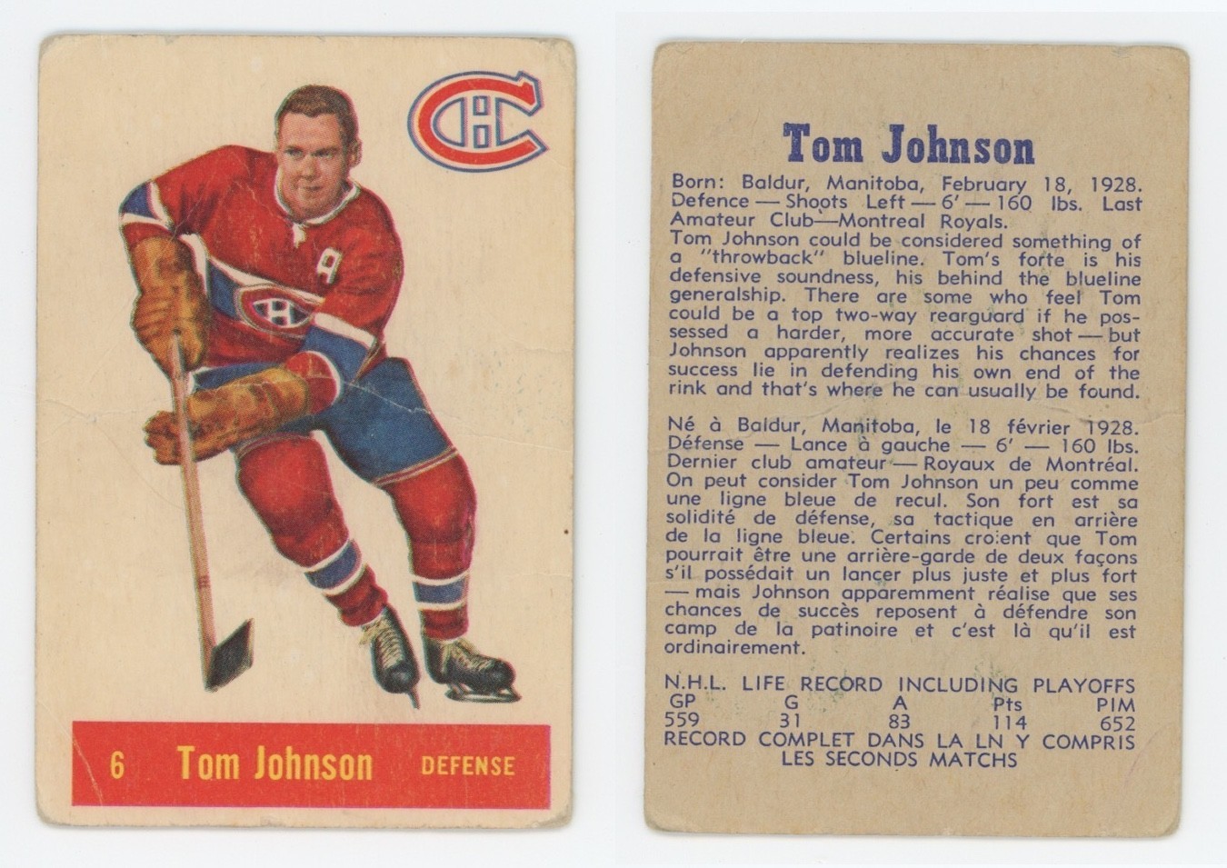 Tom Johnson #6 Hockey Cards 1957 Parkhurst trading card — raw and PSA graded price guide