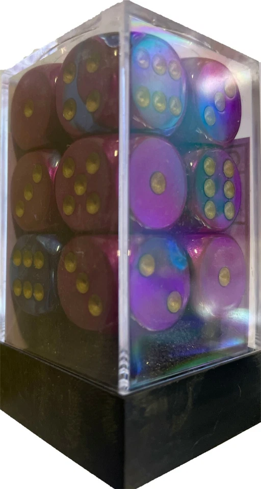 Chessex Würfelblock 16mm D6 mit 12 Würfeln Gemini blau purple -gold 26628