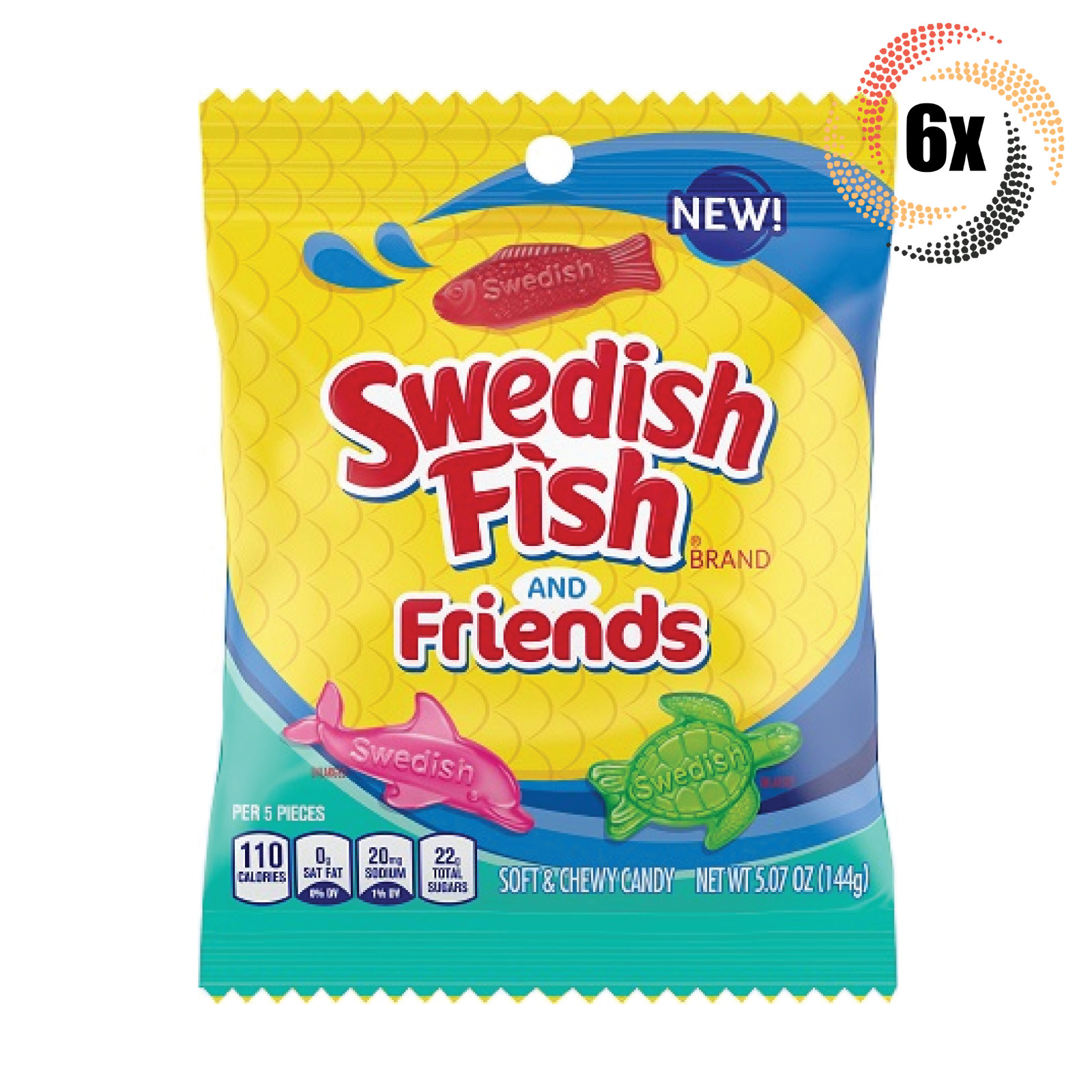 6 пакетиков мягких и жевательных мармеладных конфет Swedish Fish - Friends с разнообразным вкусом | 5,07 унции