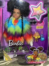 Barbie Extra Doll #1 in Furry Rainbow Coat with Pet Poodle, Brunette Afro-Puffs