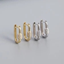 Women Girl 925 Sterling Silver Gold Plated U-Shape CZ Huggie Hoop Earrings PE64