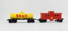 2 Vintage Train Tankers Shell Oil Gasoline Promo HO Diecast Yellow Red
