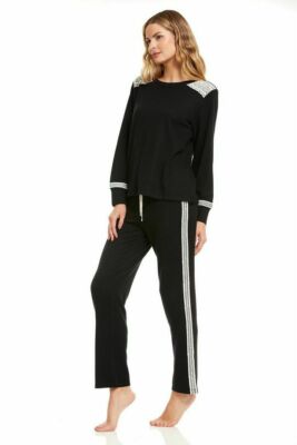 Flora Nikrooz Damen 2-teiliges Langarm Lounge Set mit Spitze Schwarz Small