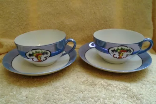 2 Vintage 1918 Noritake Blue Lustreware Fruit Basket Cups and Saucers Green Mark