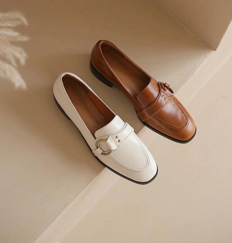 Women s Real Leather Slip On Shoes Round Toe Loafers Low Heel