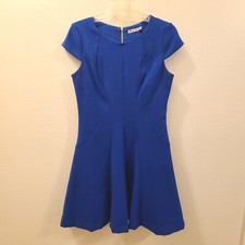 Eliza J Women's Short Cap Sleeve A Line Dress Sz 6P Blue Pockets Gold Zipper EUC