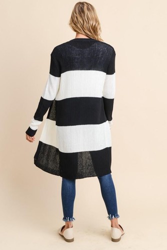 Cora Ribbed Long Sleeve Black/White Stripe Open Cardigan - Picture 5 of 10