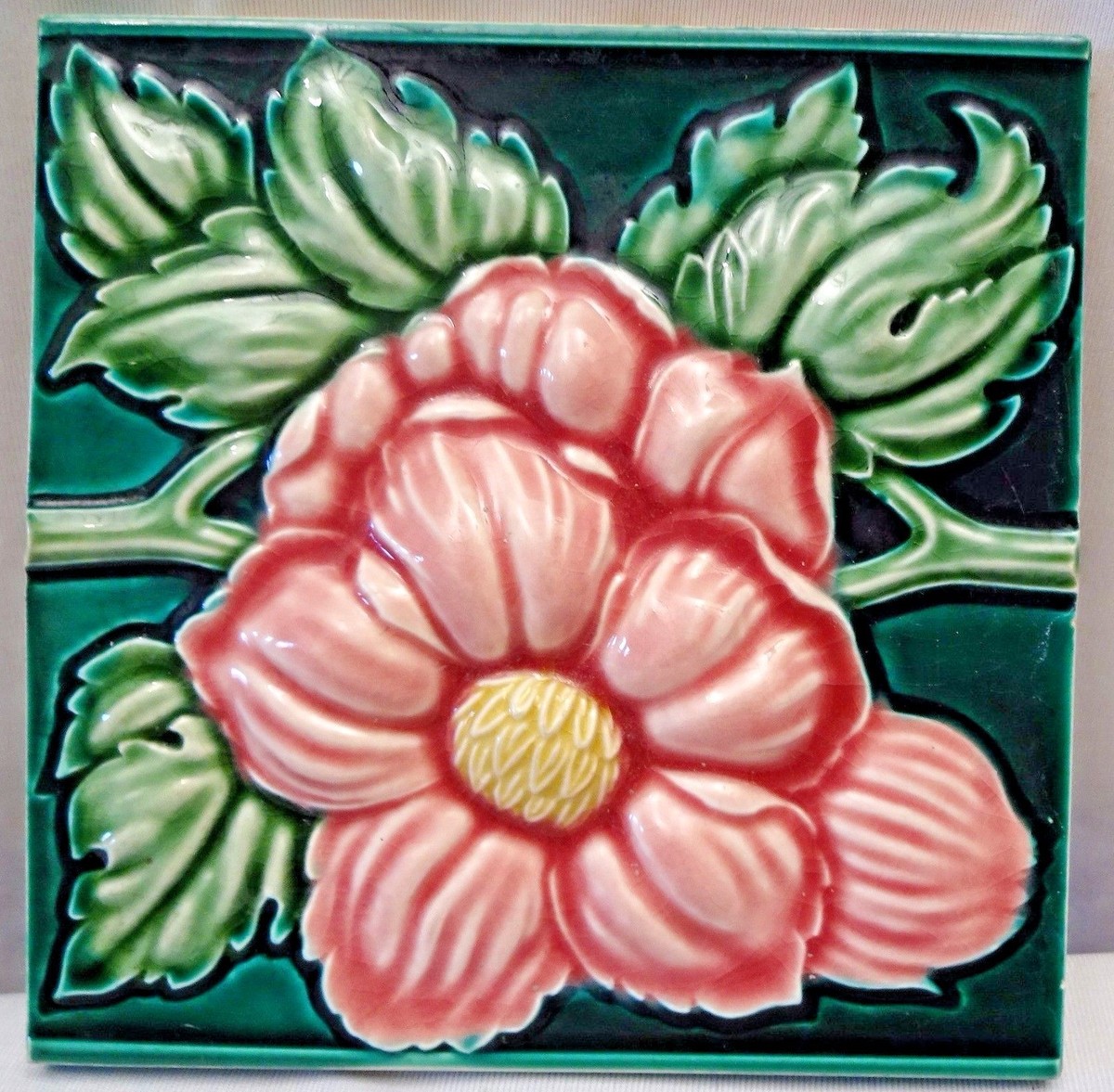 Antique Tile High Embossed Rose Flower Design Art Nouveau Majolica