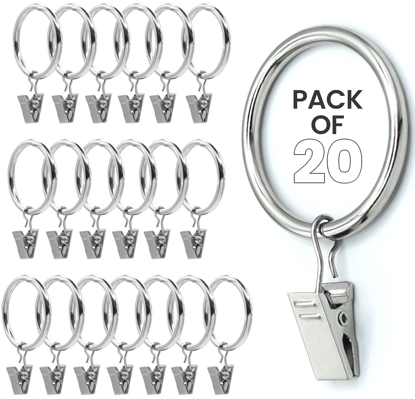 Silver Curtain Rings With Clips 1.5 Inch Set Of 20 Heavy Duty Curtain Hooks For