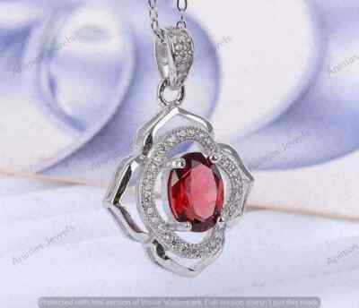 2.50 CT Oval Cut Lab-Created Ruby Halo Pendant Necklaces 14K White Gold Plated