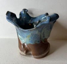 Vtg Hand Made Hand Sculpted Clay Glazed Planter Unique Blue Brown Glaze EXCELLEN