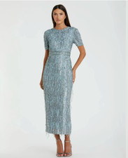 MAC DUGGAL 5980 HIGH NECK SHORT SLEEVE CRYSTAL FRINGE FRENCH BLUE MIDI DRESS  6