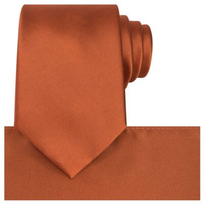 Rust Satin Tie Set Dark Burnt Orange Ties Mens Necktie + Pocket Square