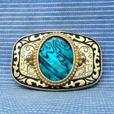 Western Scroll Belt Buckle Iridescent Abalone Cowgirl Cowboy Vintage 80s .CPA857