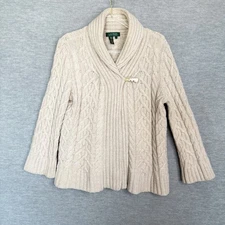LRL Ralph Lauren Toggle Wool Cable Knit Cardigan Sweater Size Large Cream READ