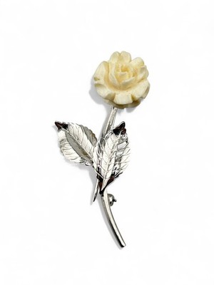 Vintage Van Dell Sterling Silver Carved Rose & Diamond Cut Stem Brooch