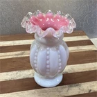 Fenton White Pink Ruffled Beaded Edge Milk Glass Decorative Glossy Vase