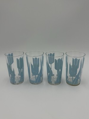 Vintage Libbey Blue Tulips Flowers Floral Juice Glass MCM Set of 4